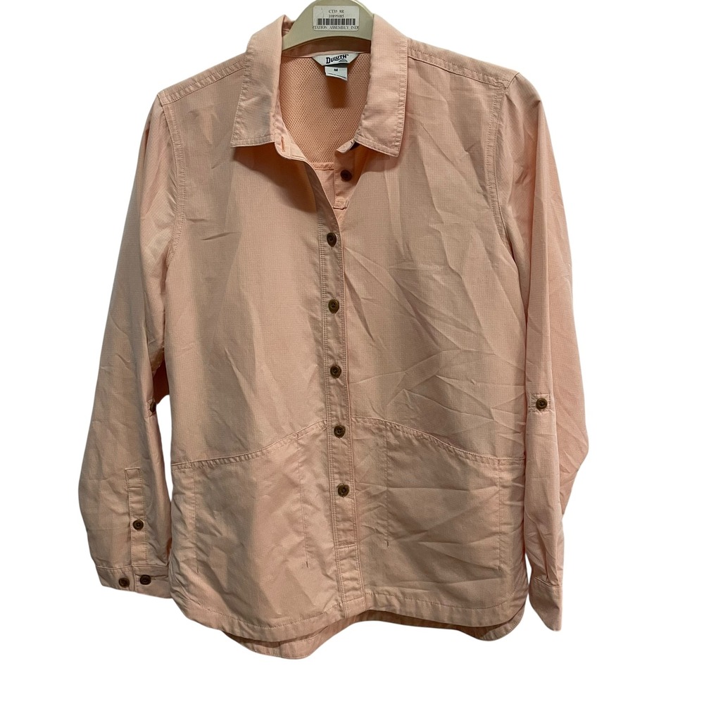 Duluth Trading Co. Womens Button Down Roll Tab Sleeve Pink Utility‎ Shirt Medium